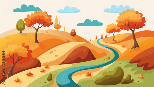 Autumnal Glen with Winding River Orange and Yellow Trees Cartoon Landscape fall valley