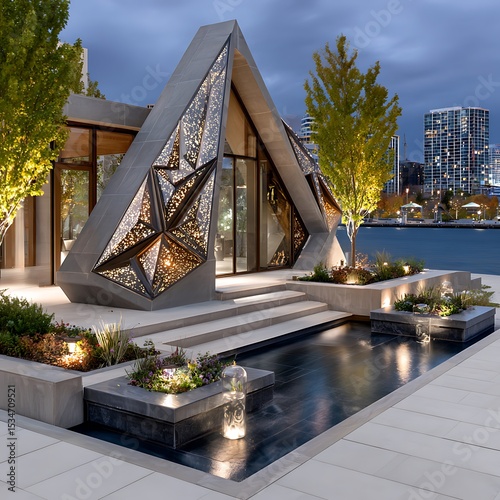 Futuristic architectural structure with geometric glass facade and urban backdrop high resolution photo