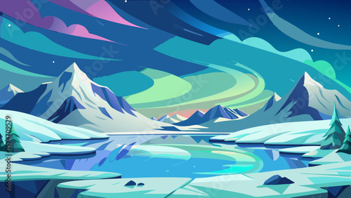 Pastel Sky Island Winter Landscape with Frozen Lake and Mountains under Aurora Borealis snow