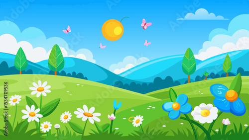 Idyllic Spring Meadow Landscape with Daisies Blue Flowers Green Hills and Butterflies on a Sunny Day