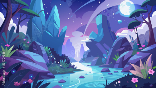 Serene Nightscape Fantasy River Scene Purple Blue Mountains Moonlit Sky fantasy landscape
