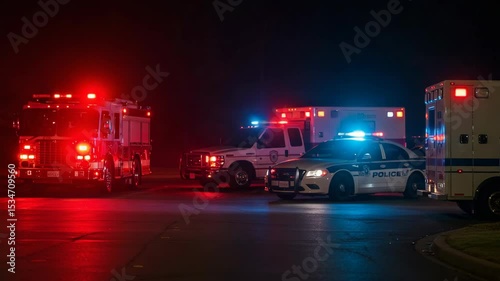 Emergency Response Vehicles at Night with Flashing Lights