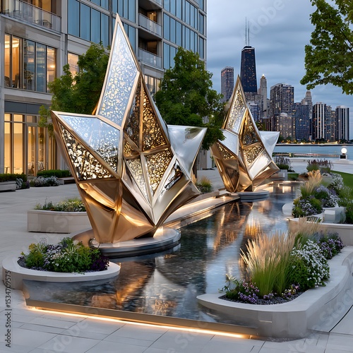 Modern triangle building with metallic textures and water reflection lighting high resolution photo