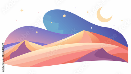 Serene Desert Dunescape at Dusk Under a Crescent Moon and Stars Soft Peach and Purple Hues sand dunes