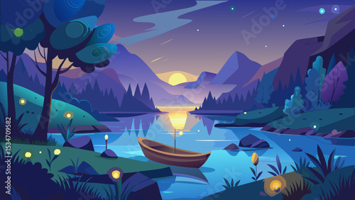Serene Twilight Lake Scene with Small Wooden Boat Mountains and Trees vector