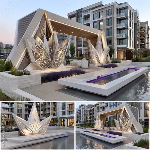 Contemporary pavilion design with glowing panels and urban skyline view high resolution photo