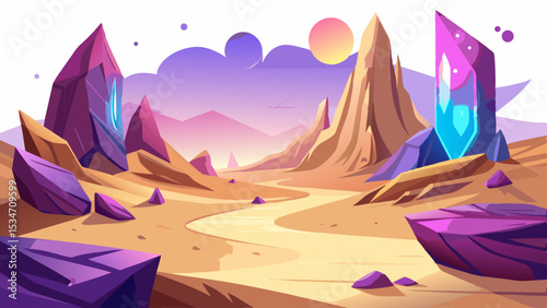 Fantasy Desert Landscape with Purple and Teal Crystal Formations and Tan Mountains under a Purple and Orange Sky