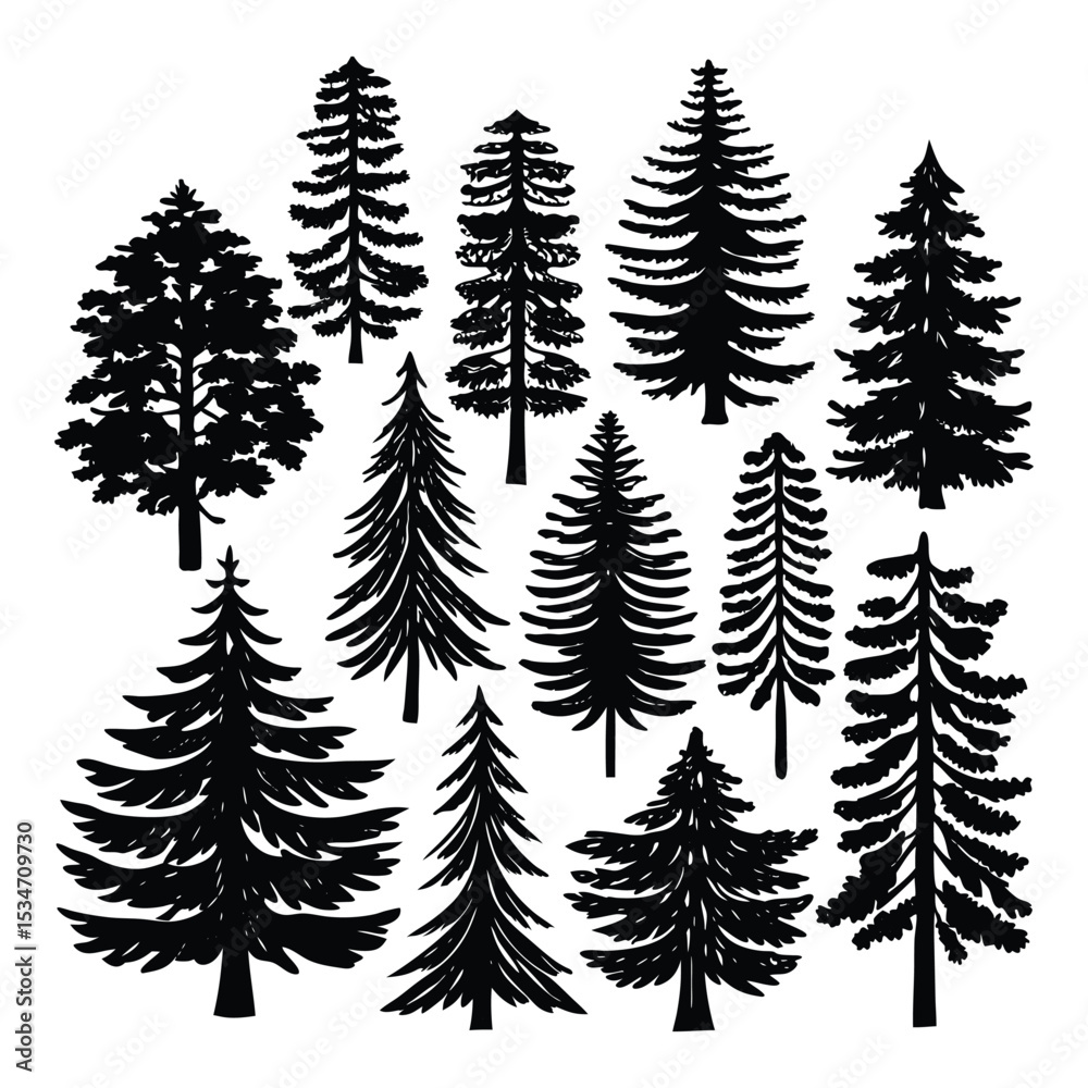 Obraz premium A collection of pine tree silhouettes in various shapes and sizes, perfect for nature designs, forest themes, or rustic decor with a bold, evergreen aesthetic. 