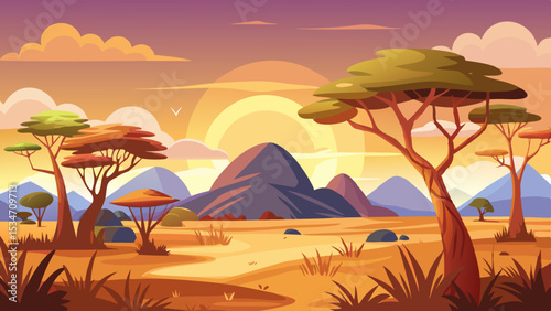 Vector African Savanna Sunset Landscape with Orange and Purple Hues Silhouette Mountains and Acacia Trees