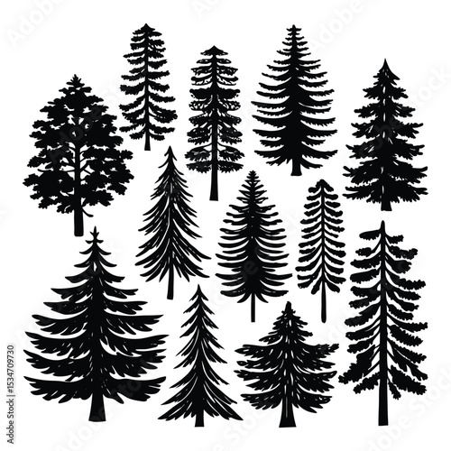 A collection of pine tree silhouettes in various shapes and sizes, perfect for nature designs, forest themes, or rustic decor with a bold, evergreen aesthetic.
