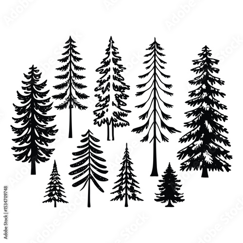A collection of pine tree silhouettes in various shapes and sizes, perfect for nature designs, forest themes, or rustic decor with a bold, evergreen aesthetic.
