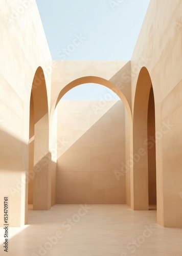 Minimalist interior design with beige walls and archways Empty room interior design  striking structures clean lines geometric shapes dramatic angles play of lig