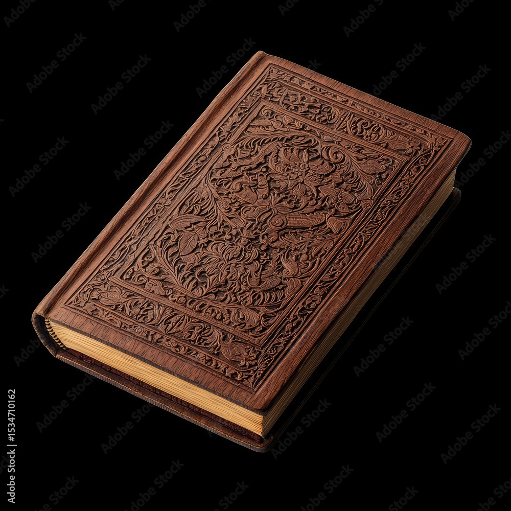 Fototapeta premium Beautifully crafted holy book featuring intricately hand carved wooden cover, showcasing detailed floral patterns and rich texture that evokes sense of reverence and tradition