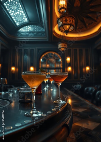Close-up of a 1920s speakeasy bar counter with classic cocktails crystal glasses and art deco patterns moody lighting Empty room interior design  striking structu