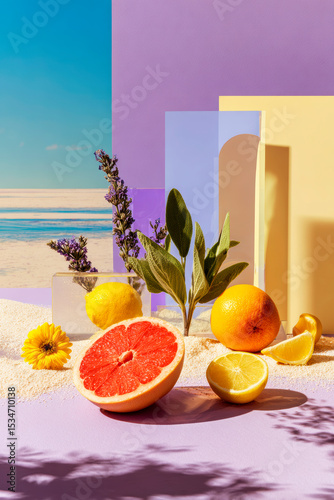 Colorful Citrus Composition with Tropical Beach Background