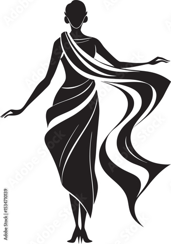 This collection of images displays various black and white illustration of traditional South Asian women's garment, likely saree, with different draping styles and pattern.