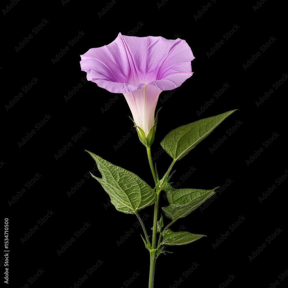 Fototapeta premium Beautiful purple morning glory flower with trumpet shape stands elegantly against black background, showcasing its delicate petals and vibrant color. lush green leaves complement flower beauty