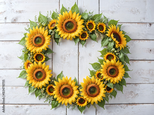 Vibrant Sunflower Wreath on Whitewashed Wood Background