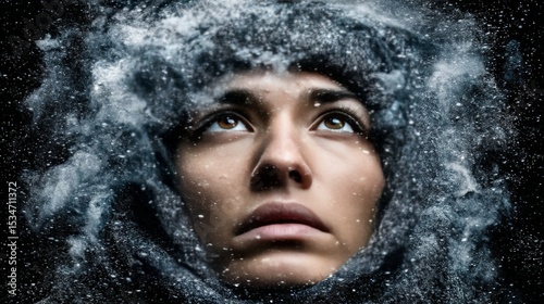 A woman's face surrounded by swirling water and splashes creating a dynamic, artistic effect photo
