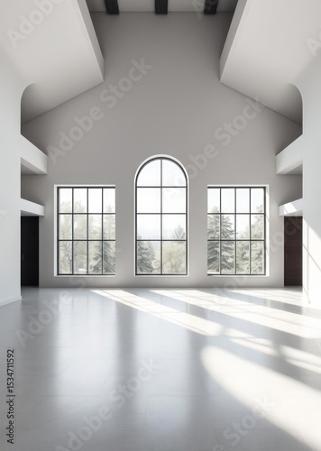 Bright empty room with window view of nature Empty room interior design  striking structures clean lines geometric shapes dramatic angles play of light and shado