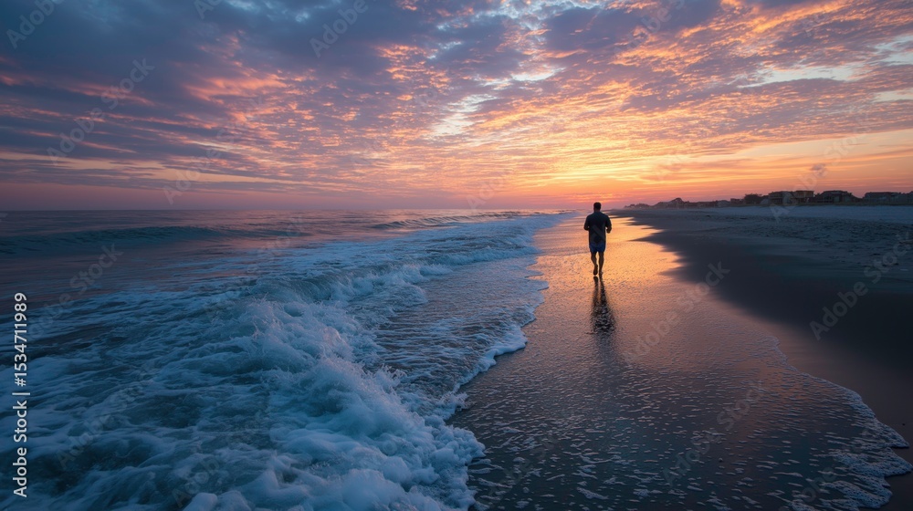 Fototapeta premium Solitary Person Walking on Beach During Sunset with Colorful Sky and Calm Waves