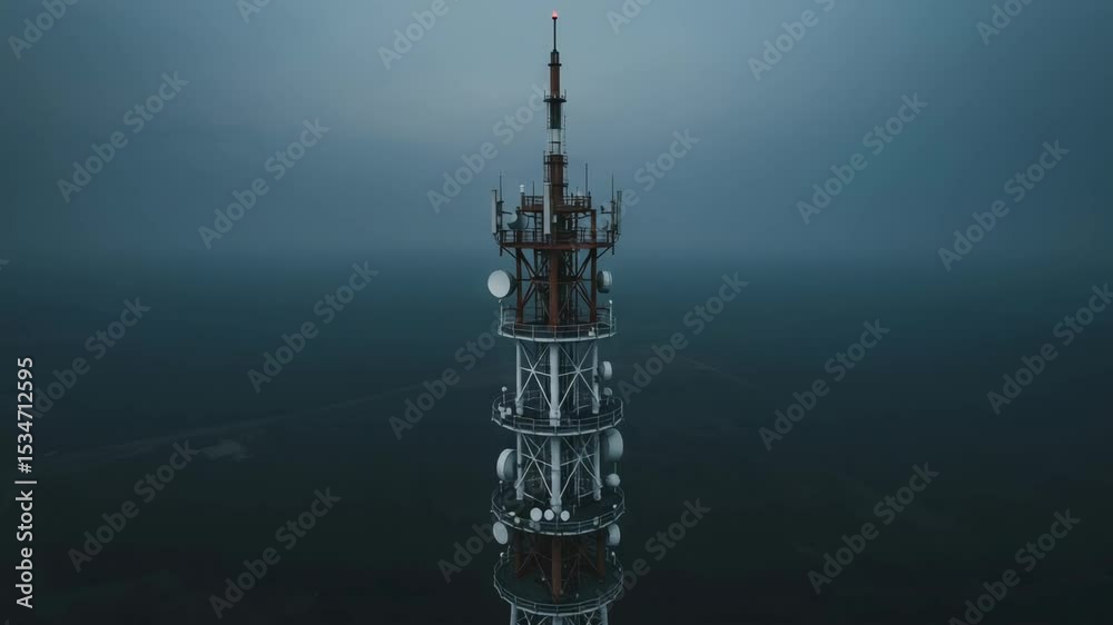 Aerial View of a Tall Communication Tower in Foggy Atmosphere