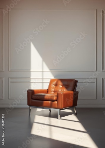 Leather chair in empty studio against classic wall panels room mockup with luxury modern design minimalistic space with window shadow overlay on floor luxury apartment comfortable suite lounge Emp
