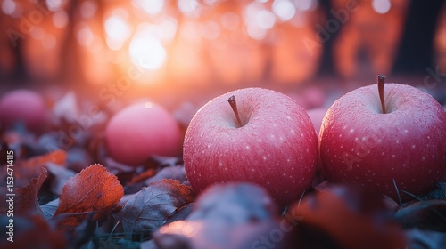 Two rosy apples rest on autumn leaves, bathed in golden sunset light
