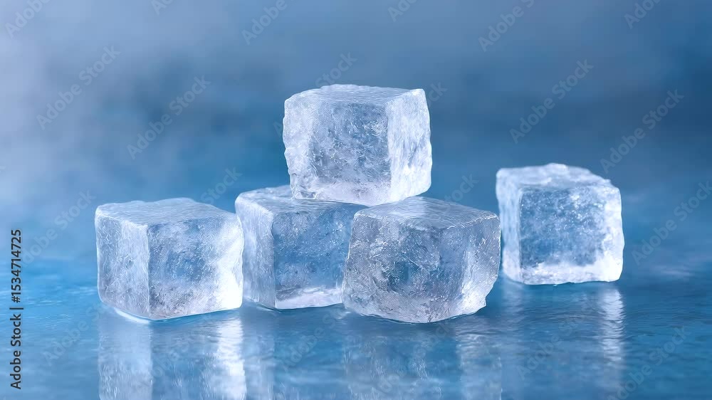 Frozen ice cubes on transparent reflective water with cool blue tones and cold reflection, misty smoke enhancing cool atmosphere