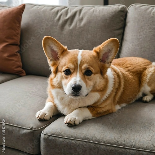 A Welsh Corgi dog lying on the sofa indoors