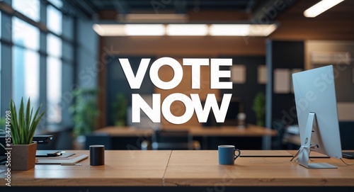 vote now lettering text on blur formal work space office background