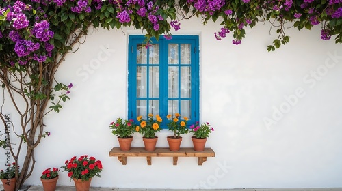 Vibrant Purple Bougainvillea Vines Frame a Bright Blue Window with Orange and Red Flowers in