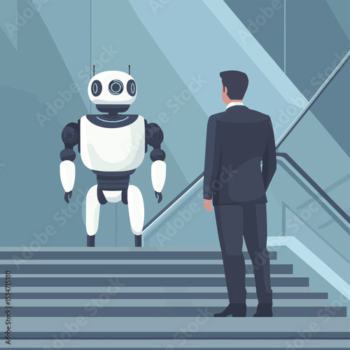 Partnership contact,businessman upstairs with partner robbot Machine future cooperation Partnership and robot concept, vector illustration in flat style, vector style simple color