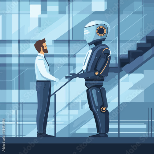 Partnership contact,businessman upstairs with partner robbot Machine future cooperation Partnership and robot concept, vector illustration in flat style, vector style simple color