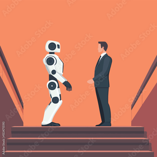 Partnership contact,businessman upstairs with partner robbot Machine future cooperation Partnership and robot concept, vector illustration in flat style, vector style simple color