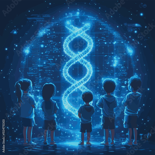 Innovation education elementary school learning technology - group of kids to molecule of DNA. hologram on biology lesson future museum center vector