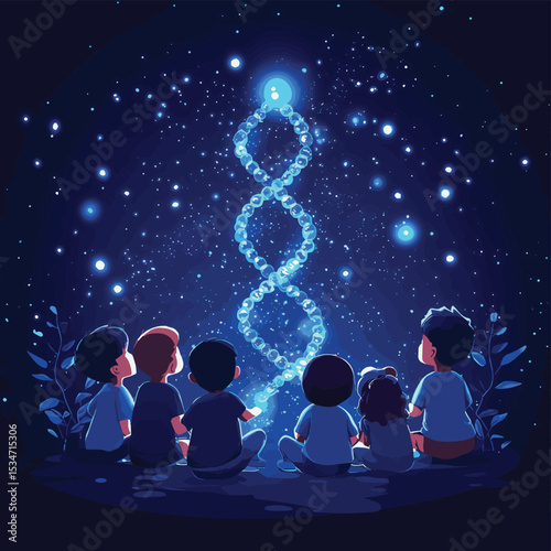 Innovation education elementary school learning technology - group of kids to molecule of DNA. hologram on biology lesson future museum center vector