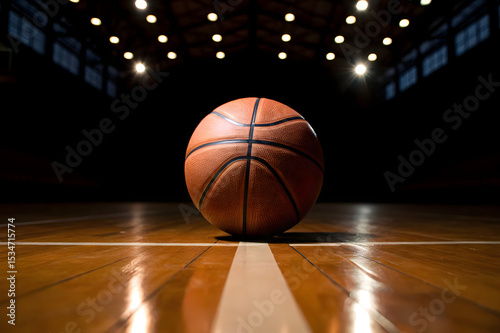 Basketball ball in front of big modern basketball arena