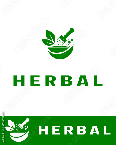 A green herbal logo design featuring a stylized mortar and pestle with leaves and particles
