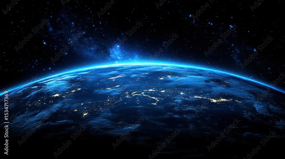 Fototapeta premium Earth from space, lit by a vibrant blue glow