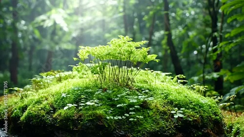 Lush Green Moss and Ferns Growing on a Forest Floor Log in a Tranquil Setting