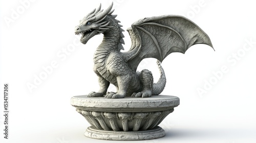 3D render of a fantasy dragon statue on pedestal on white background