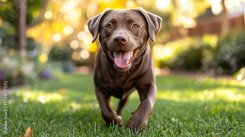 Chocolate Labrador puppy joyfully running toward the camera in a sunny park full of life with