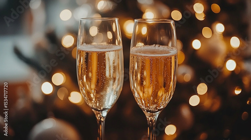 Toasting to a joyous New Year celebration with sparkling champagne and warm wishes in front of bokeh