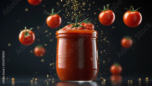 Red tomato sauce in a glass jar, decorated with floating tomato fruit decorations around it, creates a fresh, spicy and appetizing look with an artistic visual touch.