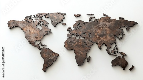 Fototapeta Naklejka Na Ścianę i Meble -  3D render of a metal world map wall decor piece on white background
