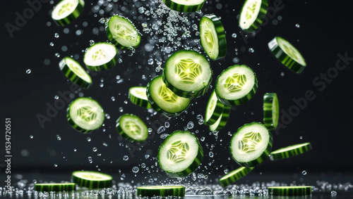 A photo of cucumber slices floating dramatically in the air, showing fresh texture details and a frozen motion effect, giving a dynamic, healthy and refreshing impression.