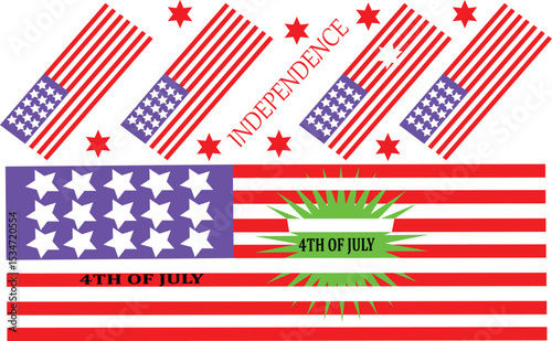 Red white blue patriotic banner collage with multiple flag elements and festive Fourth of July holiday decoration concept