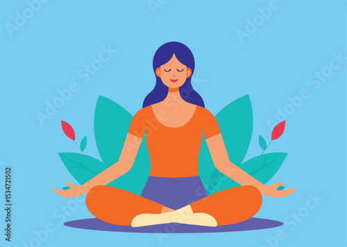 Serene Meditation: A woman gracefully finds inner peace through the practice of yoga and meditation, promoting wellness and balance against a calm backdrop.