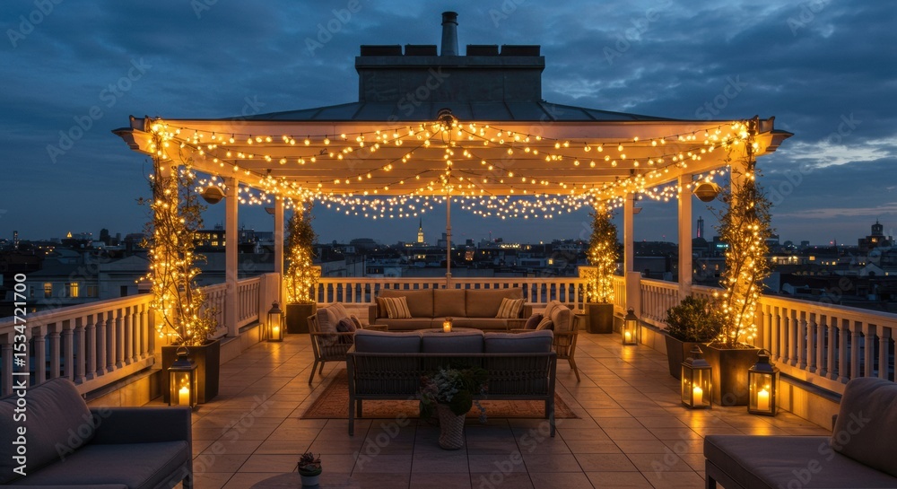 Fototapeta premium Cozy rooftop evening decor with string lights city skyline urban environment night relaxation ambiance